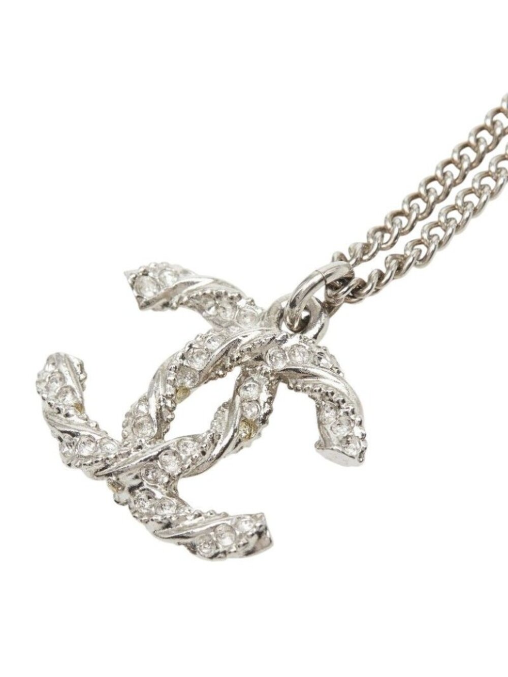 Chanel CC Logo Necklace Silver Metal Rhinestone